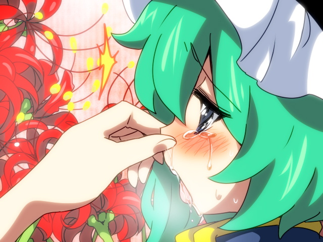 blue_eyes, blush, drooling, eromame, face, flower, green_hair, hat