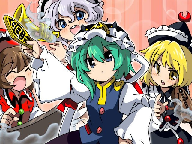 ^_^, bad_id, blonde_hair, blue_eyes, blush, brown_hair, closed_eyes, crescent, eromame, eyes_closed, face, green_hair, hand_on_hip, hat, hips, instrument, ipette-k, keyboard_(instrument), lunasa_prismriver, lyrica_prismriver, merlin_prismriver, multiple_girls, posing, rod_of_remorse, shikieiki_yamaxanadu, silver_hair, touhou, trumpet, violin, yellow_eyes