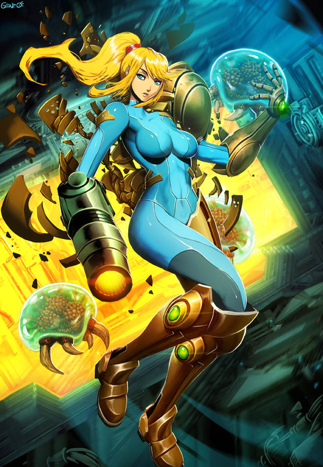 armor, blonde_hair, blue_eyes, bodysuit, gauntlets, genzoman, metroid, metroid_(creature)