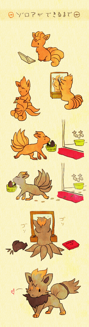 bad_id, basket, comic, computer, cosplay, disguise, hair_brush, heart, laptop, makeup, mirror, multiple_tails, no_humans, pokemon, pokemon_(creature), pokemon_(game), pokemon_bw, tail, translated, vanity, vulpix, wink, wooperlooper, zorua, zorua_(cosplay)