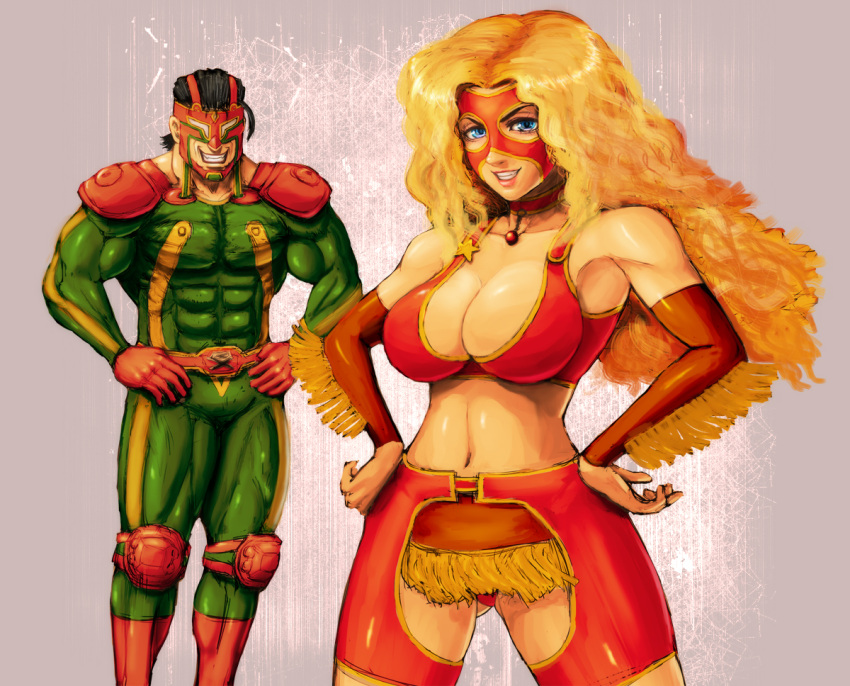 1girl, black_hair, blonde_hair, blue_eyes, breasts, cleavage, diego_carlo, hidemajin