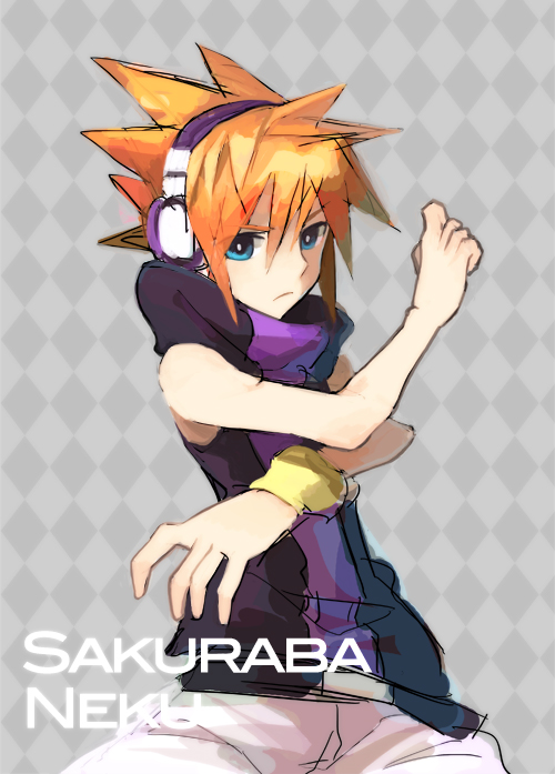 akizuno, bad_id, blue_eyes, headphones, male, orange_hair, sakuraba_neku, solo, spiked_hair, spiky_hair, subarashiki_kono_sekai
