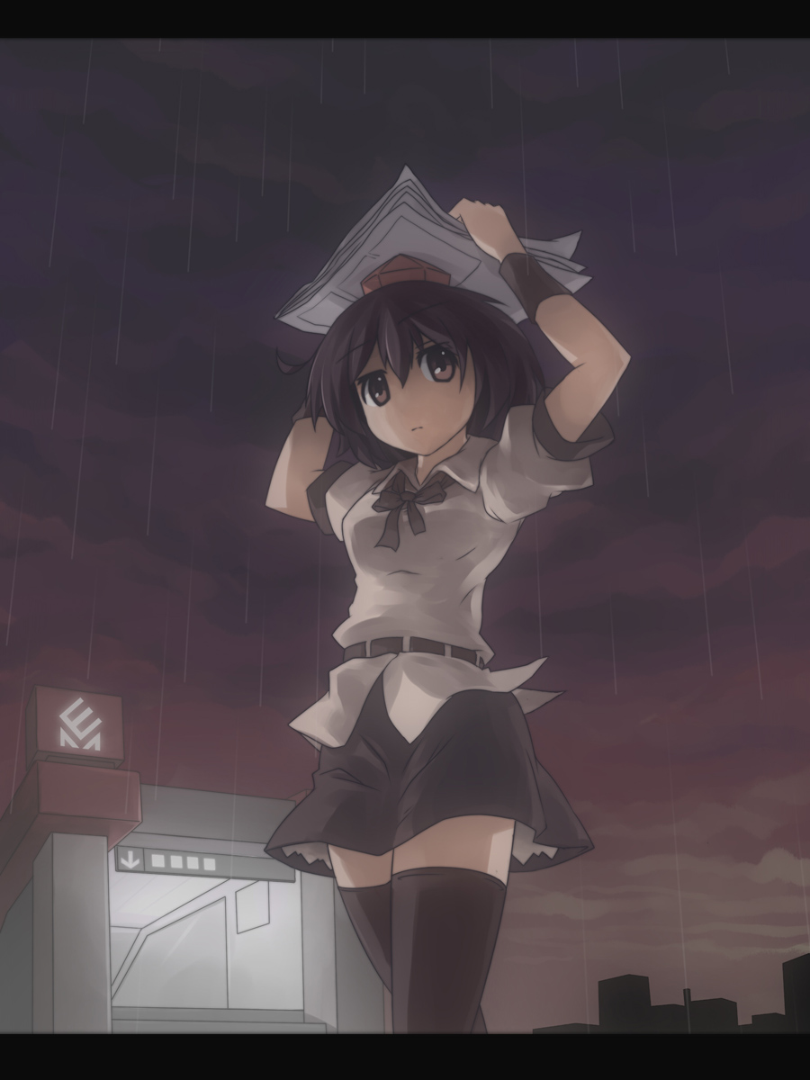 1girl, hat, highres, newspaper, nodata, rain, shameimaru_aya, thigh-highs