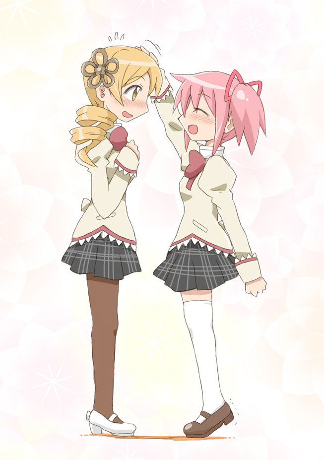 blonde_hair, closed_eyes, drill_hair, eyes_closed, hair_ornament, hair_ribbon, kaname_madoka, mahou_shoujo_madoka_magica, multiple_girls, pantyhose, petting, pink_hair, plaid, plaid_skirt, pleated_skirt, ribbon, school_uniform, short_twintails, skirt, smile, thigh-highs, thighhighs, tomoe_mami, twintails, yellow_eyes, yoshiwo_(kanikama)