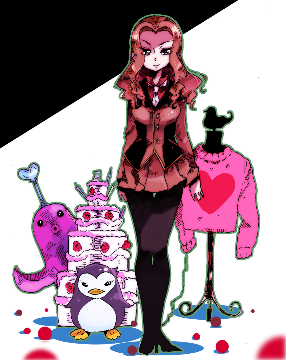 ball, bird, blazer, brown_eyes, cake, curly_hair, esmeralda_(mawaru_penguindrum), esmerelda_(mawaru_penguindrum), food, heart, high_heels, highres, mawaru_penguindrum, natsume_masako, necktie, orange_hair, pantyhose, penguin, pleated_skirt, shoes, skirt, smile, sunameri_oishii, sweater, tako-san_wiener, thigh_gap, wedding_cake