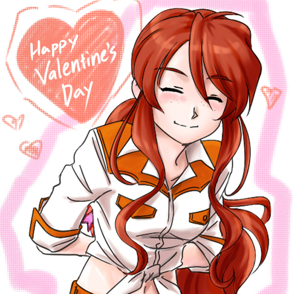 closed_eyes, eyes_closed, freckles, gemini_sunrise, happy_valentine, heart, leaning_forward, long_hair, my_sanc, ponytail, red_hair, redhead, sakura_taisen, sakura_taisen_v, smile, valentine, very_long_hair