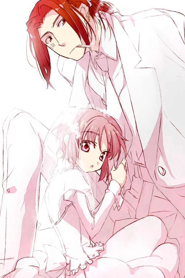1girl, age_difference, bridal_veil, cigarette, couple, dress, earrings, formal, height_difference, jewelry, kimura_shiki, long_hair, looking_at_viewer, pink_eyes, pink_hair, red_eyes, red_hair, redhead, short_hair, simple_background, size_difference, stiyl_magnus, suit, to_aru_majutsu_no_index, tsukuyomi_komoe, veil, wedding_dress