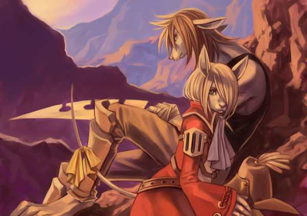 1girl, armor, armored_dress, brown_hair, burmecian, couple, female, final_fantasy