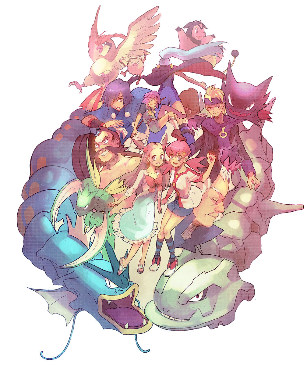 3girls, 5boys, akane_(pokemon), bad_id, beard, butterfly_net, cape, dress, everyone, facial_hair, grin, gyarados, gym_leader, hair_ornament, hairclip, hand_net, haunter, hayato_(pokemon), highres, ibuki_(pokemon), mankey, matsuba_(pokemon), mikan_(pokemon), miltank, multiple_boys, multiple_girls, pidgeotto, piloswine, pokemon, pokemon_(creature), pokemon_(game), pokemon_gsc, pokemon_heartgold_and_soulsilver, pokemon_hgss, scyther, shijima_(pokemon), smile, steelix, striped, striped_legwear, thigh-highs, thighhighs, todot, tsukushi_(pokemon), yanagi_(pokemon), yanagi_(pokemon)_(remake)