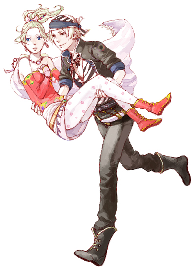 1girl, bandana, blonde_hair, blue_eyes, cape, carrying, detached_sleeves, earrings