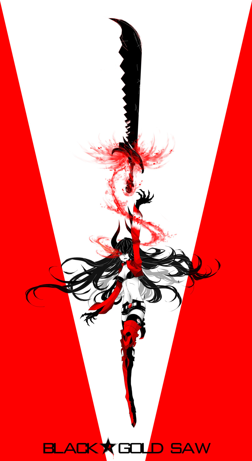 bikini_top, black_gold_saw, black_hair, black_rock_shooter, greaves, highres, horns, kingsaw, long_hair, midriff, navel, red_eyes, seti, shorts, solo, sword, weapon