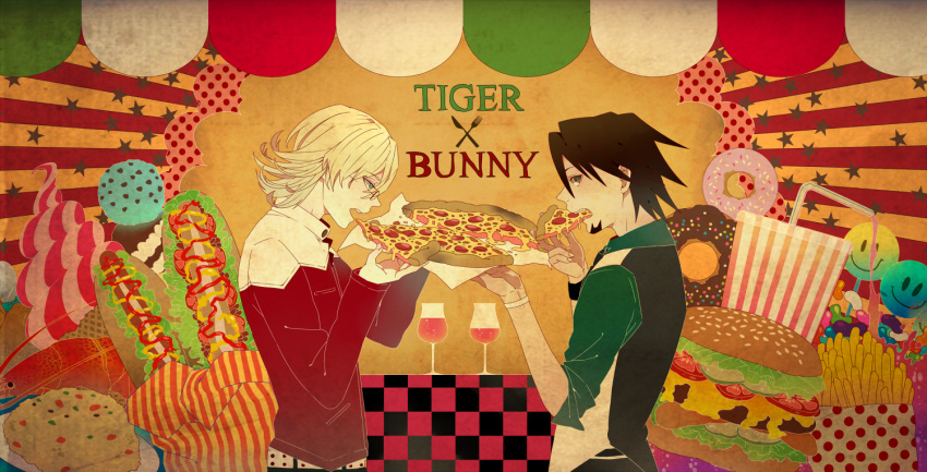barnaby_brooks_jr, blonde_hair, brown_eyes, brown_hair, facial_hair, food, fried_rice, glasses