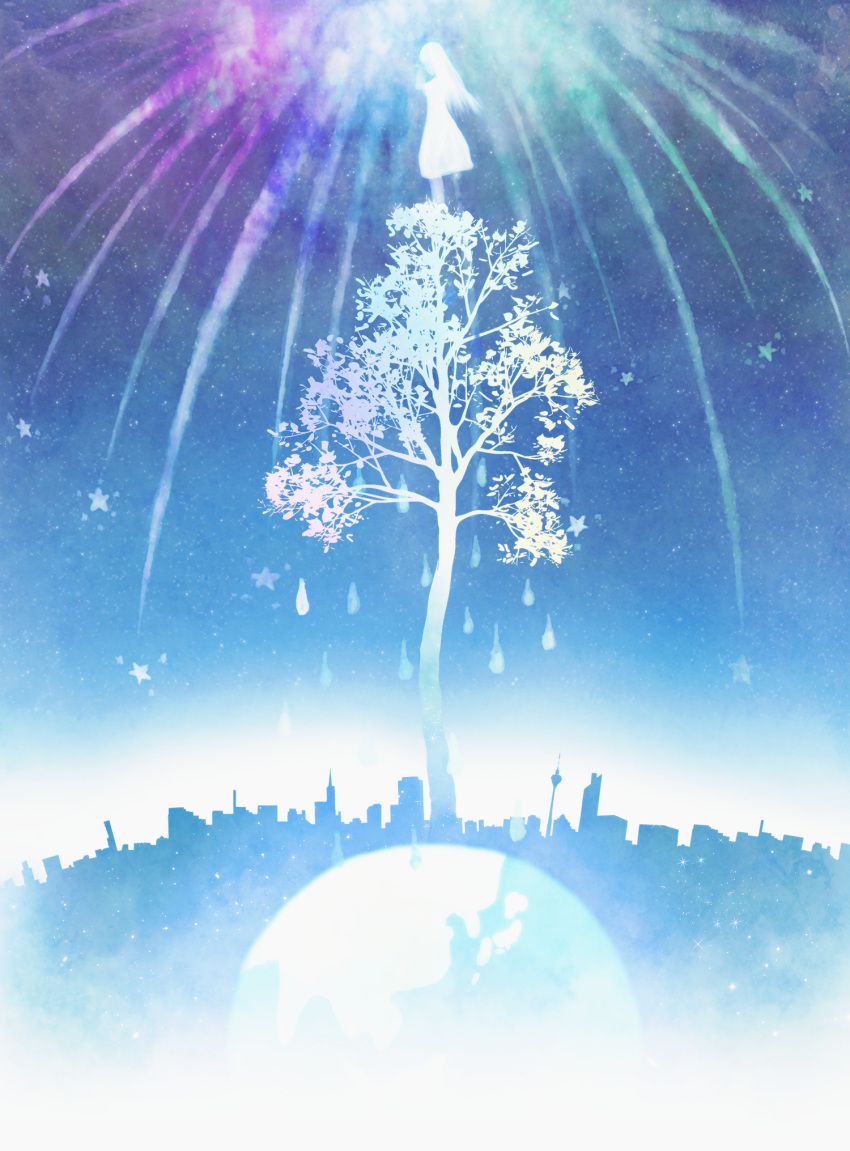 city, dress, earth, highres, hono_mochizuki, light, long_hair, original, silhouette, sky, skyscraper, space, star_(sky), starry_sky, tree