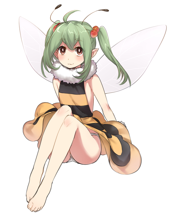 antennae, bare_legs, barefoot, bee_girl, dress, dummy04, feet, flat_chest