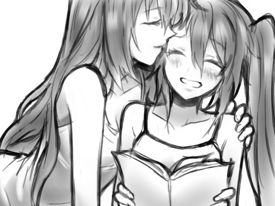 bad_id, blush, book, hatsune_miku, kiss, long_hair, matsuda_mattsun, megurine_luka, monochrome, multiple_girls, twintails, vocaloid, yuri