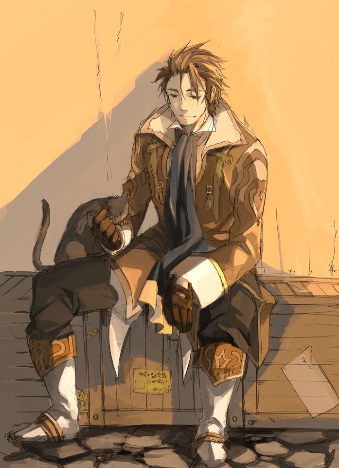 alvin_(tales_of_xillia), bad_id, box, brown_eyes, brown_hair, cat, gloves, male, matsuya29, scarf, sitting, smile, solo, tales_of_(series), tales_of_xillia