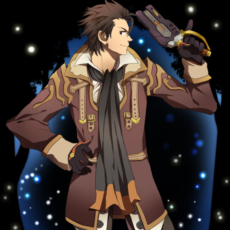 alvin_(tales_of_xillia), brown_eyes, brown_hair, gloves, gun, hand_on_hip, hips, housui_(g3hopes)