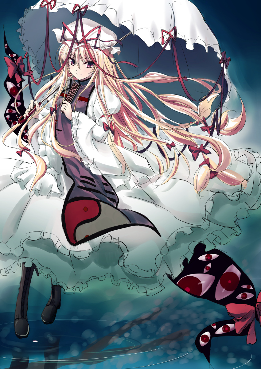 absurdres, blonde_hair, dress, gap, hair_ribbon, harape_musume, harapeko_(sabernoahoge), highres