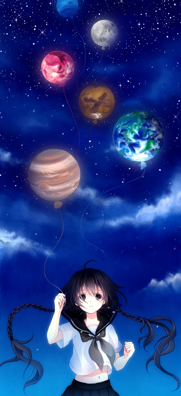 balloon, black_eyes, black_hair, braid, cloud, floating_hair, highres, hira_shinki