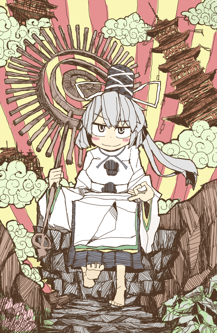 adomi, barefoot, blush_stickers, cloud, east_asian_architecture, grey_eyes, grey_hair, hat