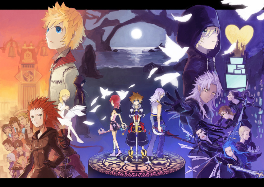 akizuno, axel, beard, bird, black_hair, blonde_hair, blue_eyes, blue_hair