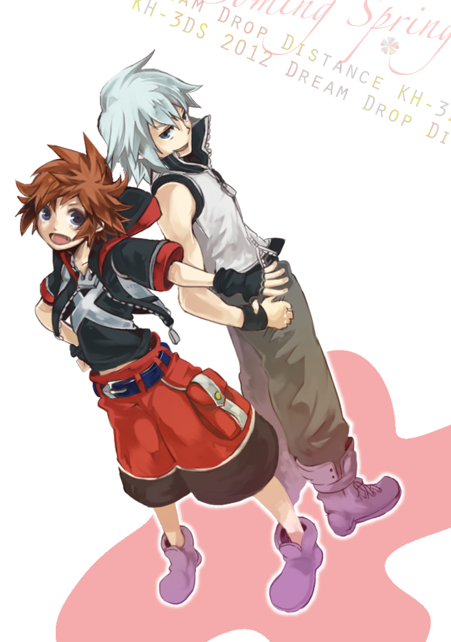 blue_eyes, boots, brown_hair, fang, fingerless_gloves, gloves, jewelry, kingdom_hearts, meka_(totto18), multiple_boys, necklace, riku, short_hair, silver_hair, sora_(kingdom_hearts), spoilers, wristband