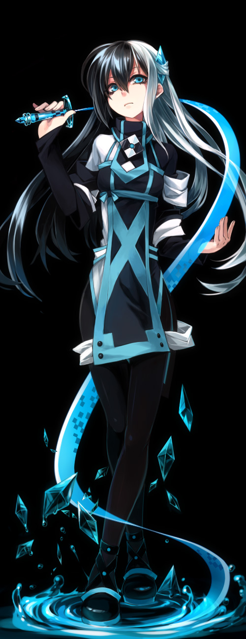 black_hair, black_legwear, crossed_legs_(standing), crystal, dress, frown, hair_ornament, hair_ribbon