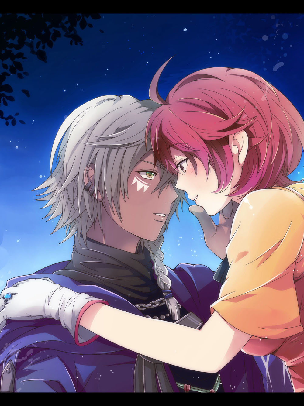 1girl, ahoge, braid, brown_eyes, brown_hair, couple, dark_skin, earrings, facial_mark, gloves, green_eyes, harvest_moon, harvest_moon_animal_parade, highres, jewelry, molly_(harvest_moon), night, silver_hair, single_braid, sokuzitu, wizard_(harvest_moon)