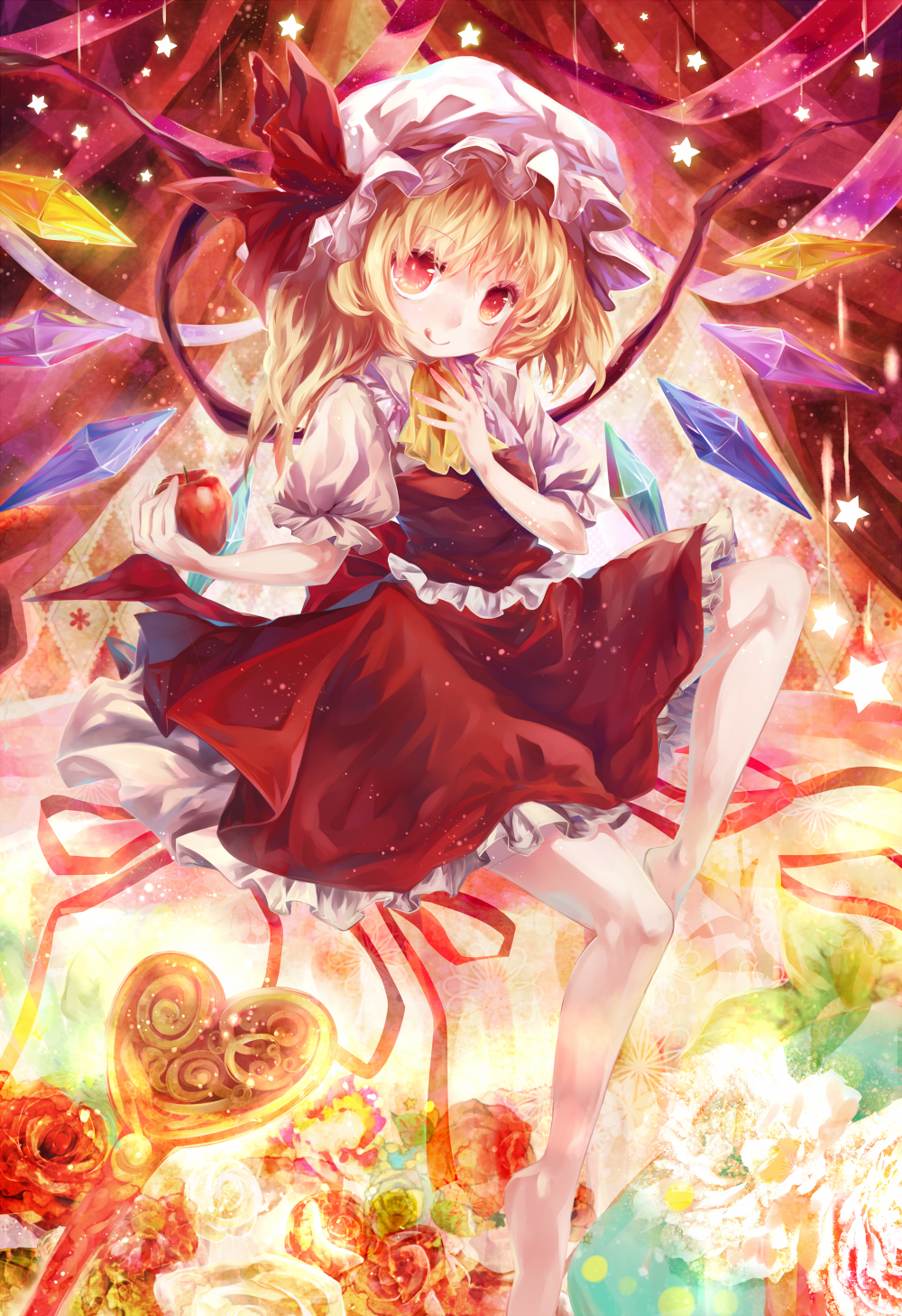afraco, apple, blonde_hair, crystal, dress, flandre_scarlet, flower, food