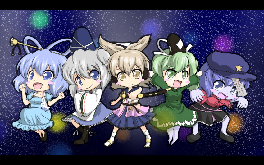 arms_up, belt, beret, blonde_hair, blue_dress, blue_eyes, blue_hair, blush_stickers
