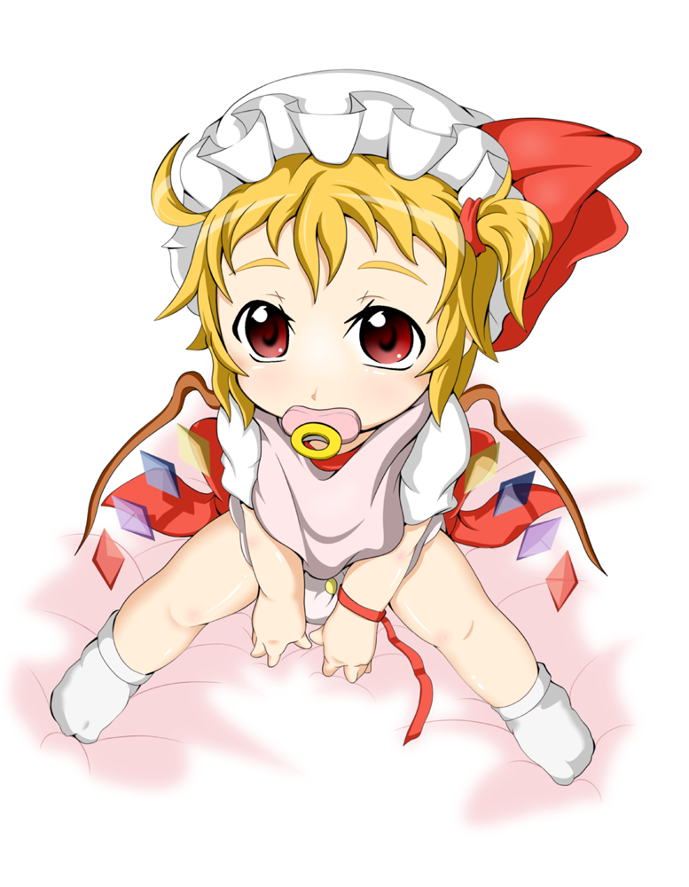 alternate_age, baby, bed_sheet, blonde_hair, blush, bow, chibi, child