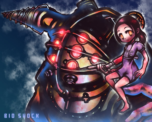big_daddy, bioshock, drill, little_sister, yellow_eyes