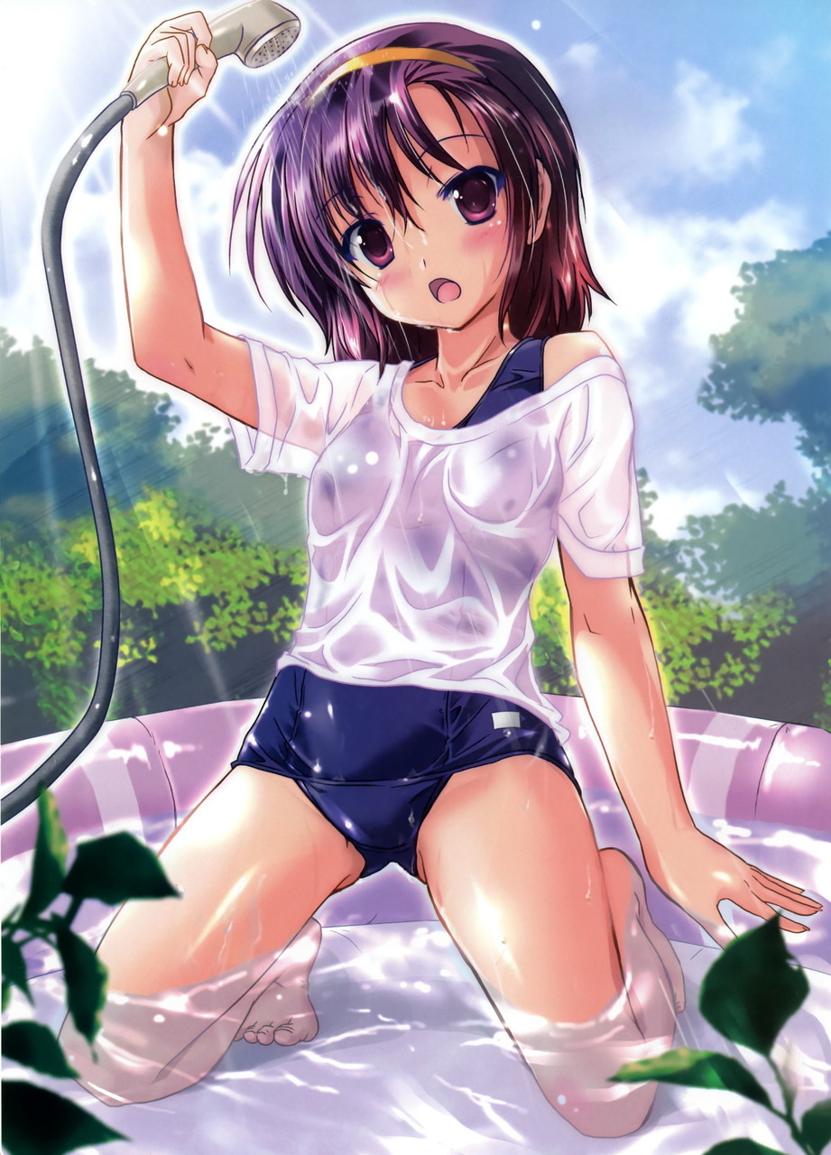 1girl, :o, arm_up, bangs, barefoot, blurry, blush, cloud