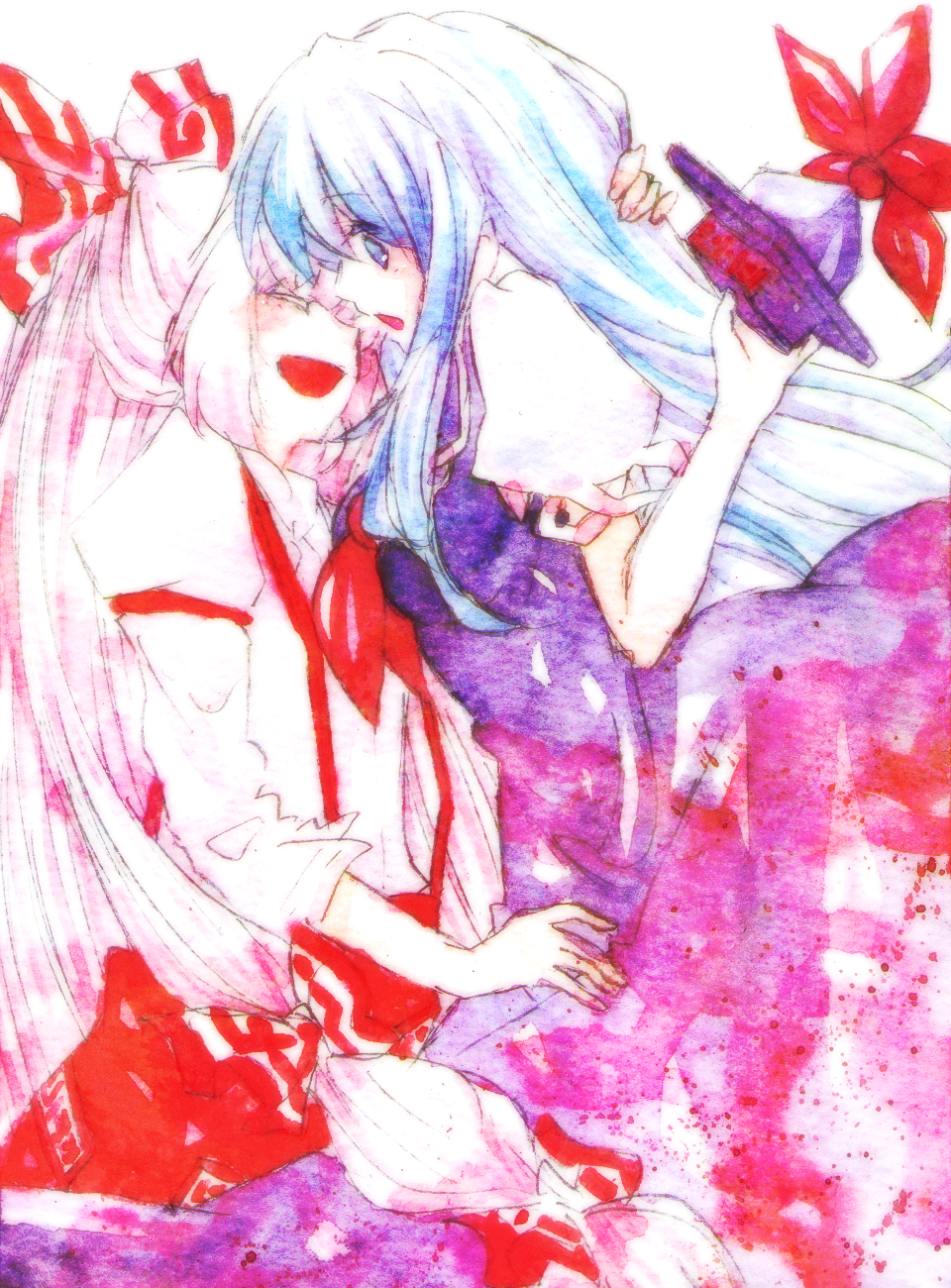 blue_eyes, blue_hair, bow, breasts, closed_eyes, dress, eyes_closed, fujiwara_no_mokou