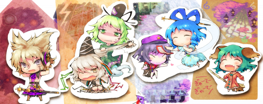 >_<, anger_vein, animal_ears, belt, beret, blonde_hair, blue_dress, blue_hair, blush, broom, chibi, dress, earmuffs, fang, feng_shui, green_dress, green_eyes, green_hair, grey_eyes, hair_pull, hair_rings, hair_stick, hand_on_head, hands_on_head, hat, headphones, heart, highres, husui_parashi, japanese_clothes, jiangshi, kaku_seiga, kariginu, kasodani_kyouko, long_tongue, miyako_yoshika, mononobe_no_futo, multiple_girls, ofuda, open_mouth, outstretched_arms, petting, pink_dress, ponytail, shawl, shirt, silver_hair, sitting, skirt, smile, soga_no_tojiko, sword, tatara_kogasa, tears, ten_desires, tongue, tongue_out, touhou, toyosatomimi_no_miko, translation_request, umbrella, vest, wavy_mouth, weapon, wink, yellow_eyes, zombie_pose