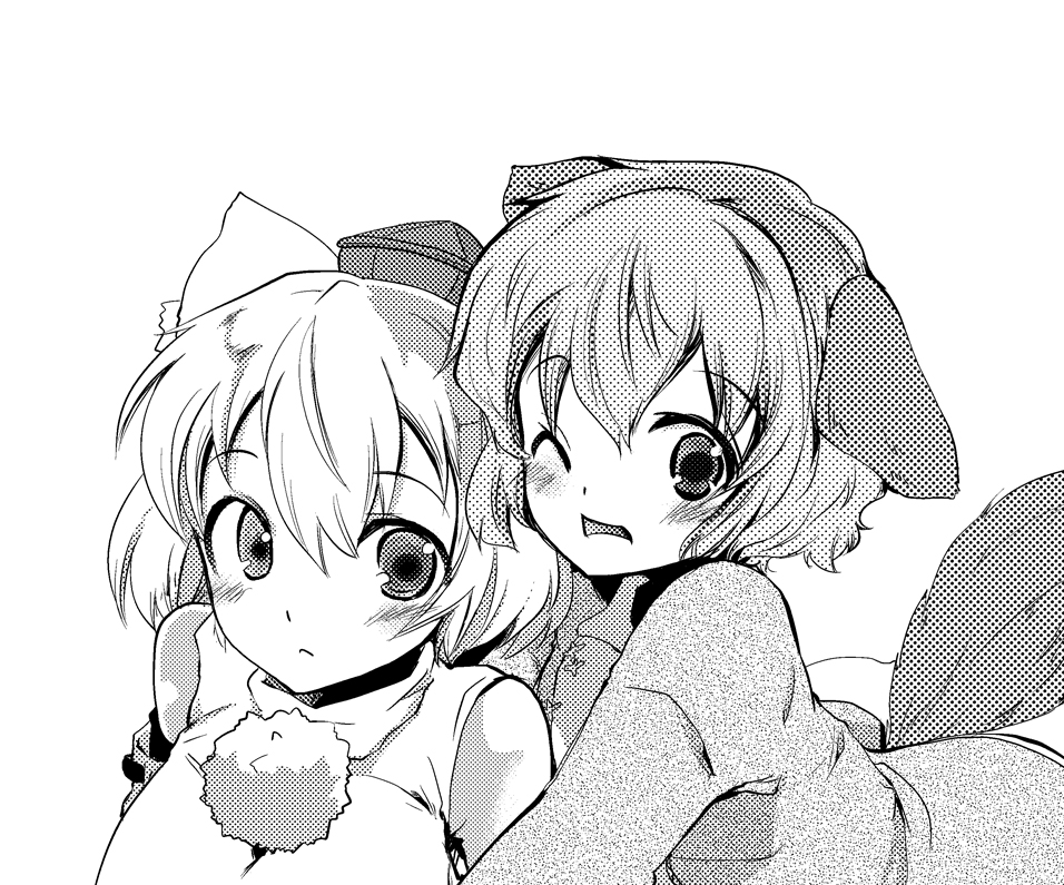 :<, animal_ears, bare_shoulders, blush, bust, hat, hug, inubashiri_momiji