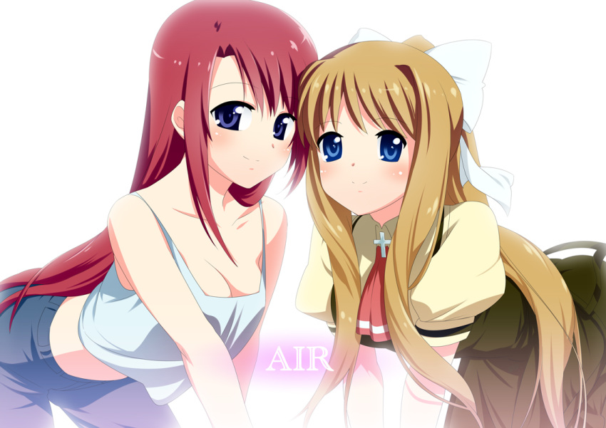 bent_over, blonde_hair, blue_eyes, blush, dress, face, kamio_haruko, kamio_misuzu