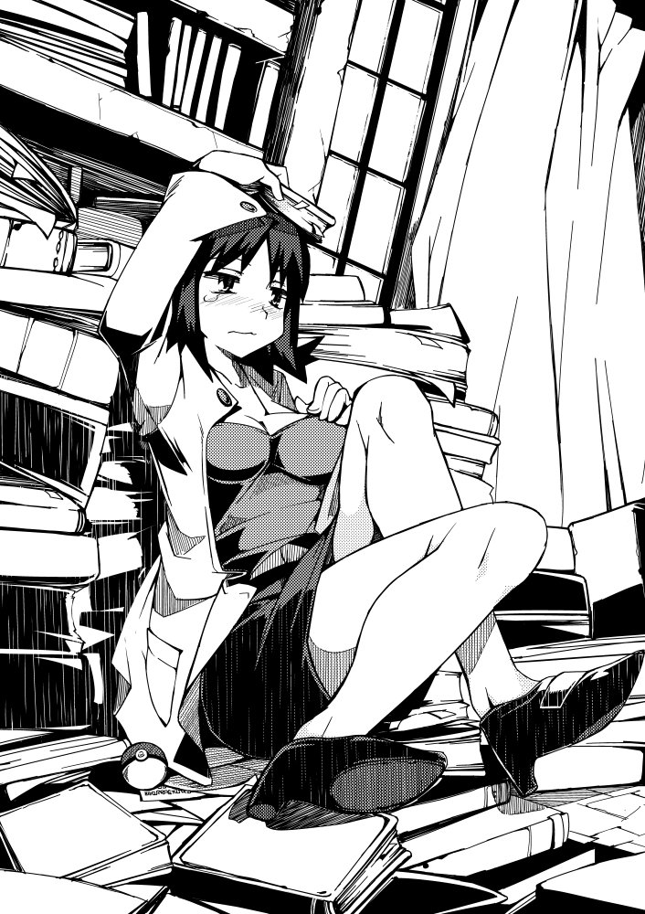 high_heels, labcoat, monochrome, pic_k, poke_ball, pokemon, pokemon_(anime), shoes, short_hair, sitting, skirt, solo, tears, uchikido_(pokemon)