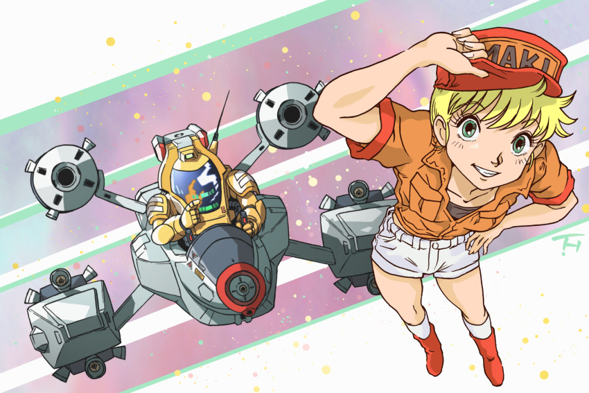 80s, 90s, armor, baseball_cap, blonde_hair, cap, galactic_drifter_vifam, ginga_hyouryuu_vifam, green_eyes, grin, hat, kujira_gunsou, maki_lowell, maki_rowel, oldschool, power_armor, puppet_fighter, science_fiction, short_hair, short_sleeves, shorts, smile, space_craft, spacesuit, star, star_(sky)