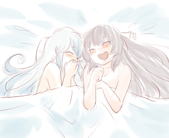 bed, bed_sheet, blush, closed_eyes, covering, covering_face, covering_mouth, eyes_closed