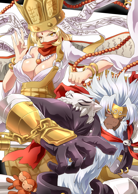 1girl, arai_nobu, armor, beads, beard, blonde_hair, bracelet, breasts, chain, chains, circlet, cleavage, crown, dark_skin, digimon, facial_hair, gloves, gokuwmon, jewelry, large_breasts, long_hair, necklace, no_bra, prayer_beads, red_eyes, sanzomon, scarf, silver_hair, stuffed_animal, stuffed_toy, yellow_eyes