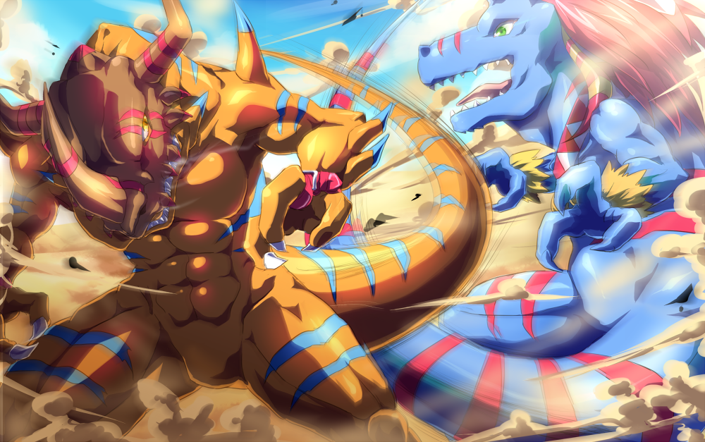 abs, allomon, arai_nobu, claws, digimon, dinosaur, dust, epic, geogreymon, green_eyes, horns, motion_blur, motion_lines, no_humans, red_hair, redhead, tail, tongue, wristband, yellow_eyes