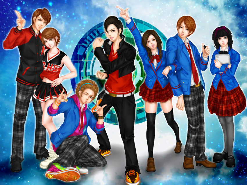 3girls, 4boys, black_legwear, daimonji_shun, female, highres, ipad, jk_(fourze)