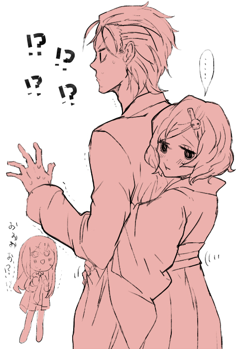 ..., androgynous, hair_ornament, hairpin, height_difference, hug, hug_from_behind, ikamera