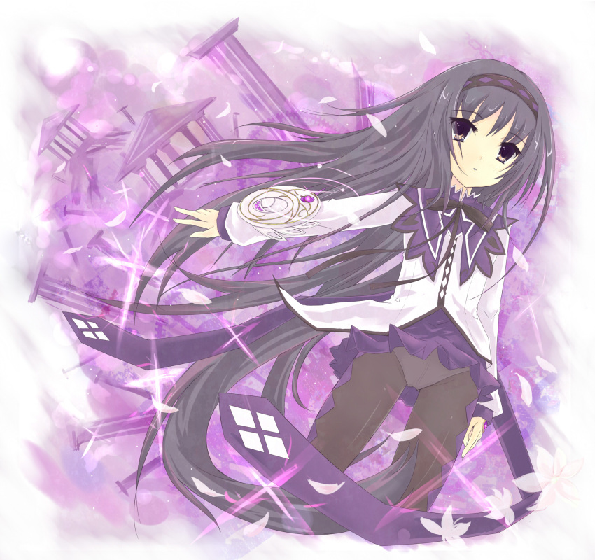 akemi_homura, black_hair, column, hair_ornament, hairclip, highres, long_hair, mahou_shoujo_madoka_magica
