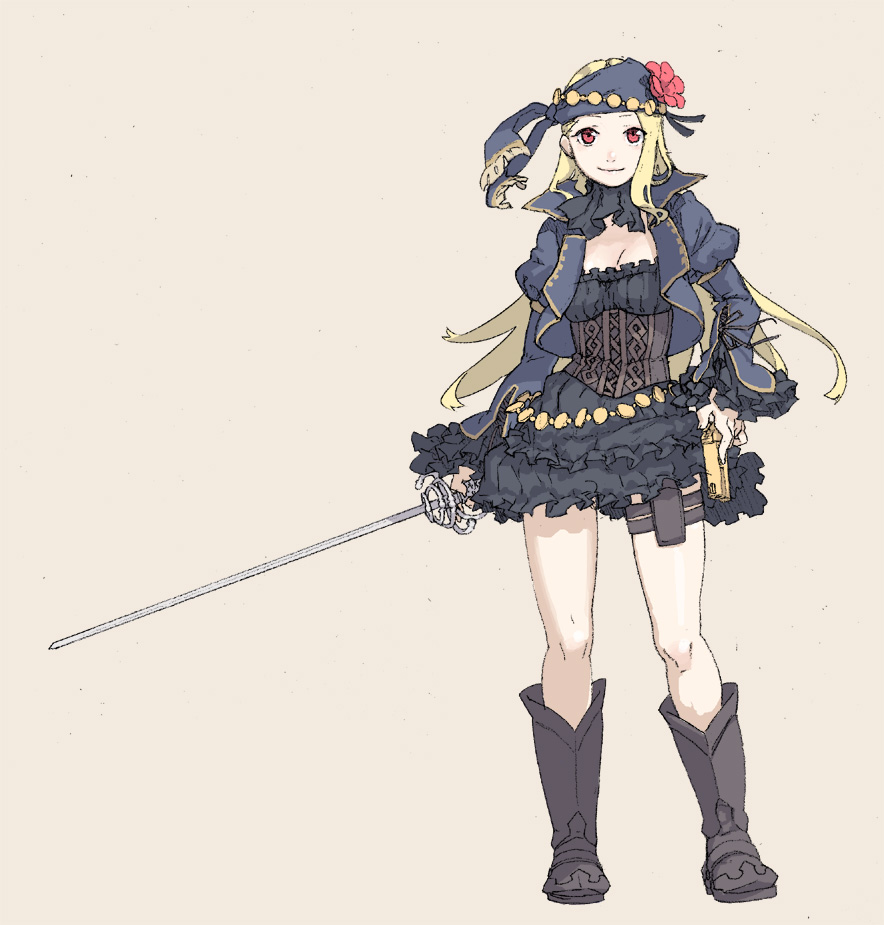bandana, blonde_hair, boots, corset, gypsy, holster, light_smile, long_hair, nagisa_kurousagi, original, pixiv_fantasia, pixiv_fantasia_wizard_and_knight, rapier, red_eyes, simple_background, solo, sword, thigh_holster, weapon