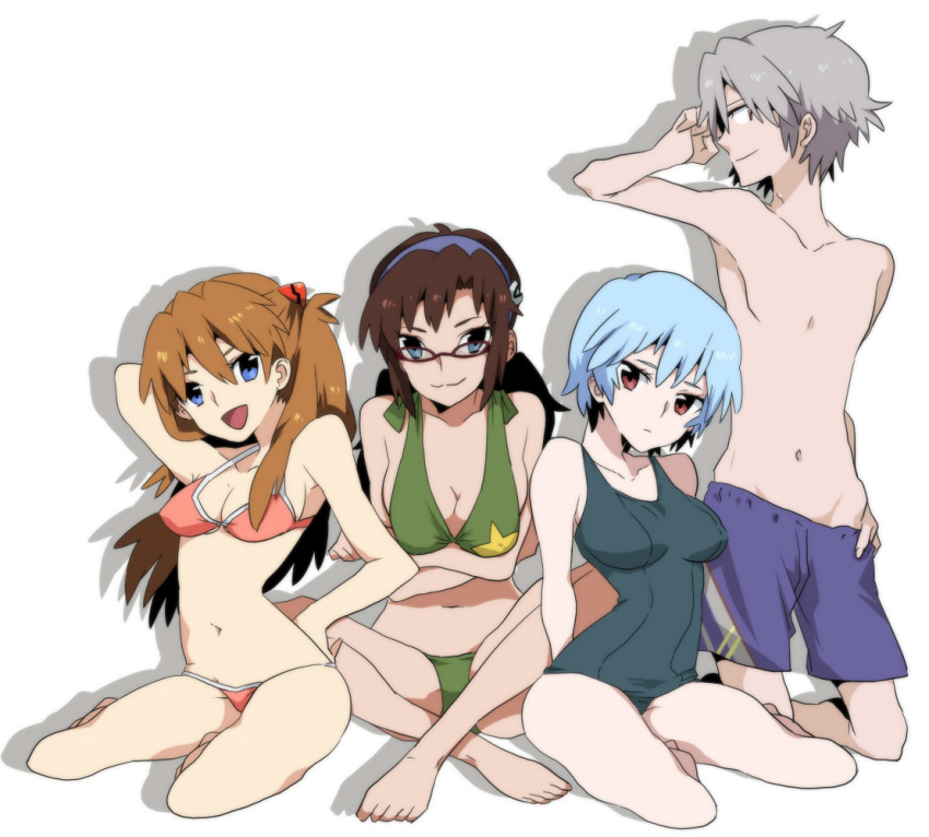 ayanami_rei, bare_shoulders, barefoot, bikini, blue_eyes, blue_hair, breasts, brown_hair, cleavage, crossed_legs, expressionless, glasses, hairband, kneeling, legs_crossed, long_hair, makinami_mari_illustrious, multiple_girls, nagisa_kaworu, neon_genesis_evangelion, one-piece_swimsuit, orange_hair, ppera, rebuild_of_evangelion, red_eyes, shikinami_asuka_langley, shirtless, short_hair, silver_hair, simple_background, sitting, smile, soryu_asuka_langley, souryuu_asuka_langley, swim_trunks, swimsuit, white_background
