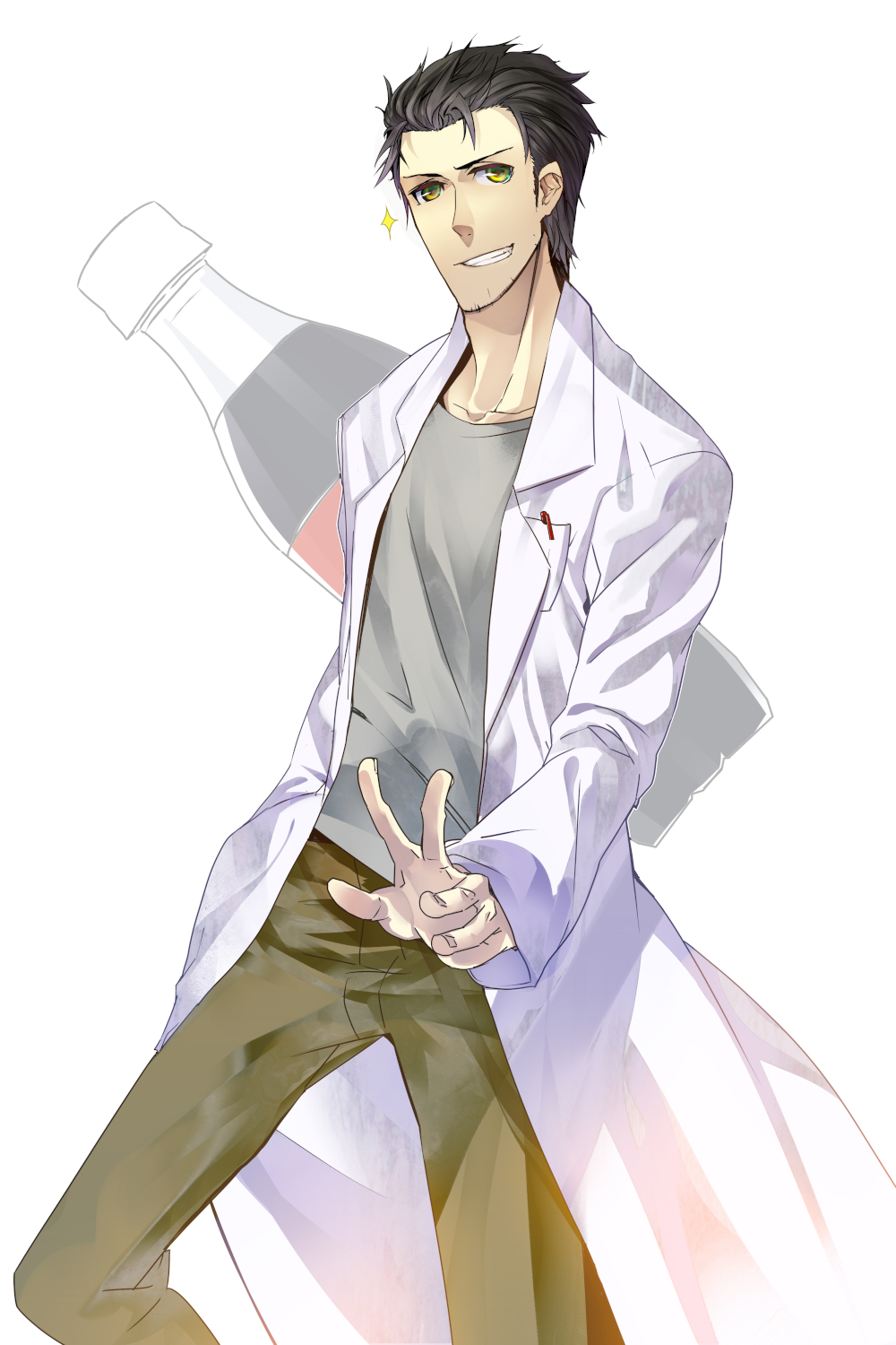 black_hair, facial_hair, highres, labcoat, male, okabe_rintarou, samuraig, short_hair, soda, solo, steins;gate, stubble