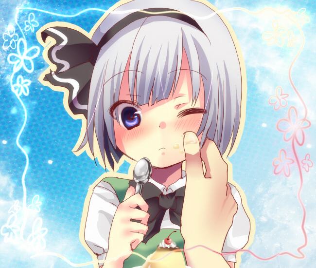 bad_id, blue_eyes, blush, bow, cheek_pinch, cheek_pinching, flower, hair_ribbon