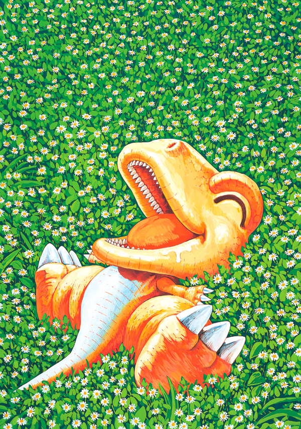 closed_eyes, dinosaur, drooling, eyes_closed, flower, flower_field, gon, gon_(character), gon_(series), laughing, tanaka_masashi, teeth